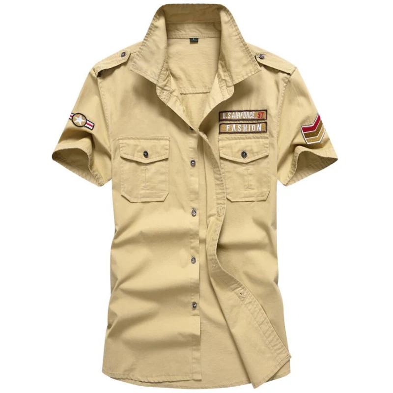 A06 khaki Хлопковая рубашка в стиле милитари для мужчин, летняя рубашка с короткими рукавами и несколькими карманами, Мужская тактическая рубашка s Cargo Air Force 5XL Camisa Masculina - Цвет: A06 khaki