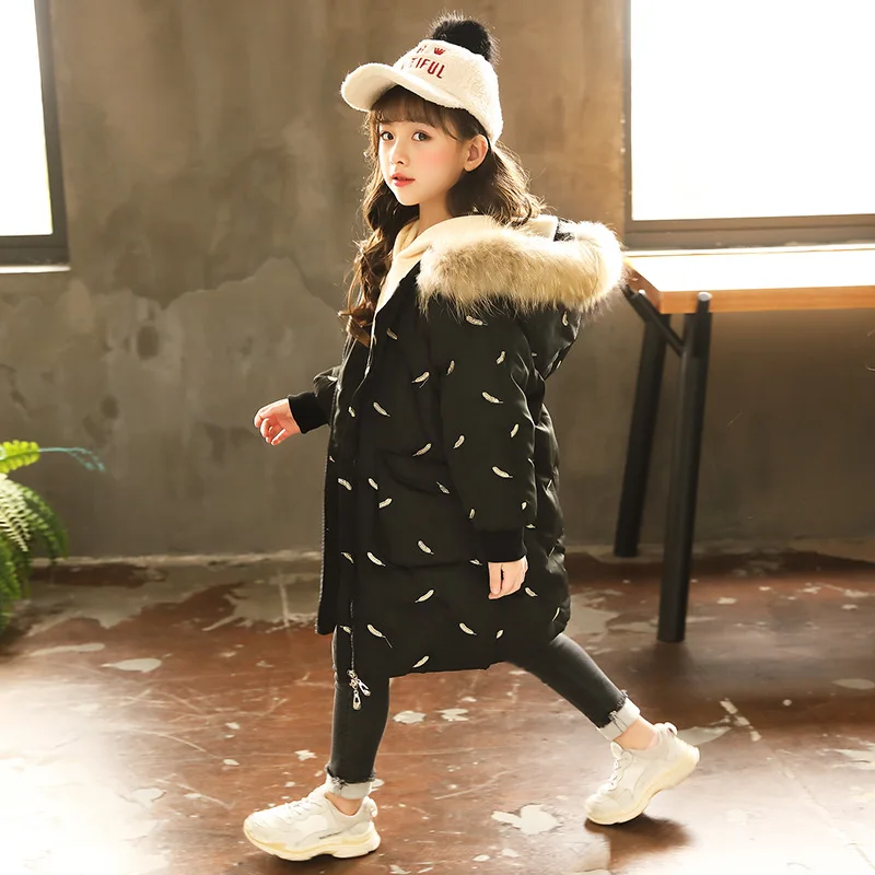

Girls Winter Warm Parkas Hooded Fur Collar Jacket Children Padded Cotton Clothes Girl Down & Parkas Kid Feather Patterns Outwear