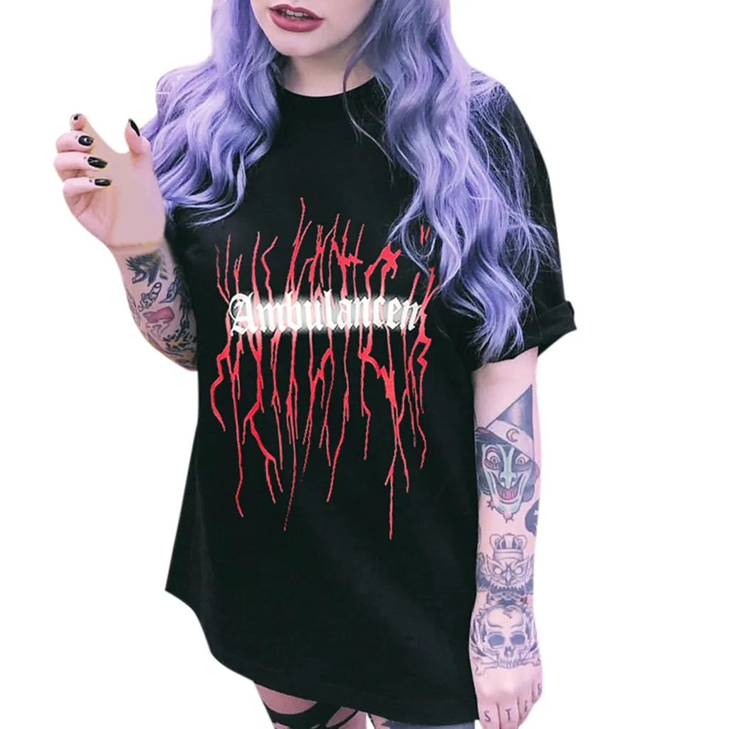 

Women's Punk Short Sleeve T-Shirt New Fashion Print Round Collar Cotton Blend Loose Tops Regular Casual Commuter Womenswear