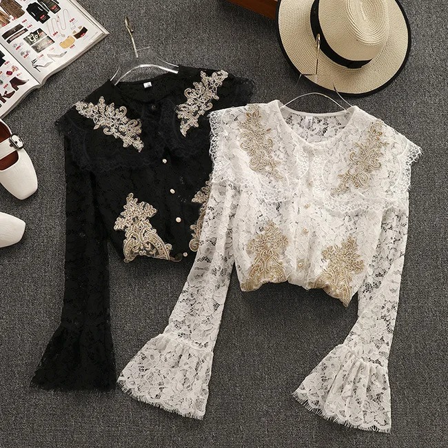 2019 Spring New Fairy Hollowed Peter Pan Collar White Lace Women Shirts Flare Sleeve Full Sleeves Tops For Free Shipping |
