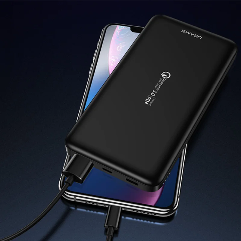 USAMS 10000 мАч power Bank usb type C PD3.0 QC3.0 3A Быстрая зарядка внешний аккумулятор зарядное устройство для iPhone samsung Xiaomi - Цвет: Black