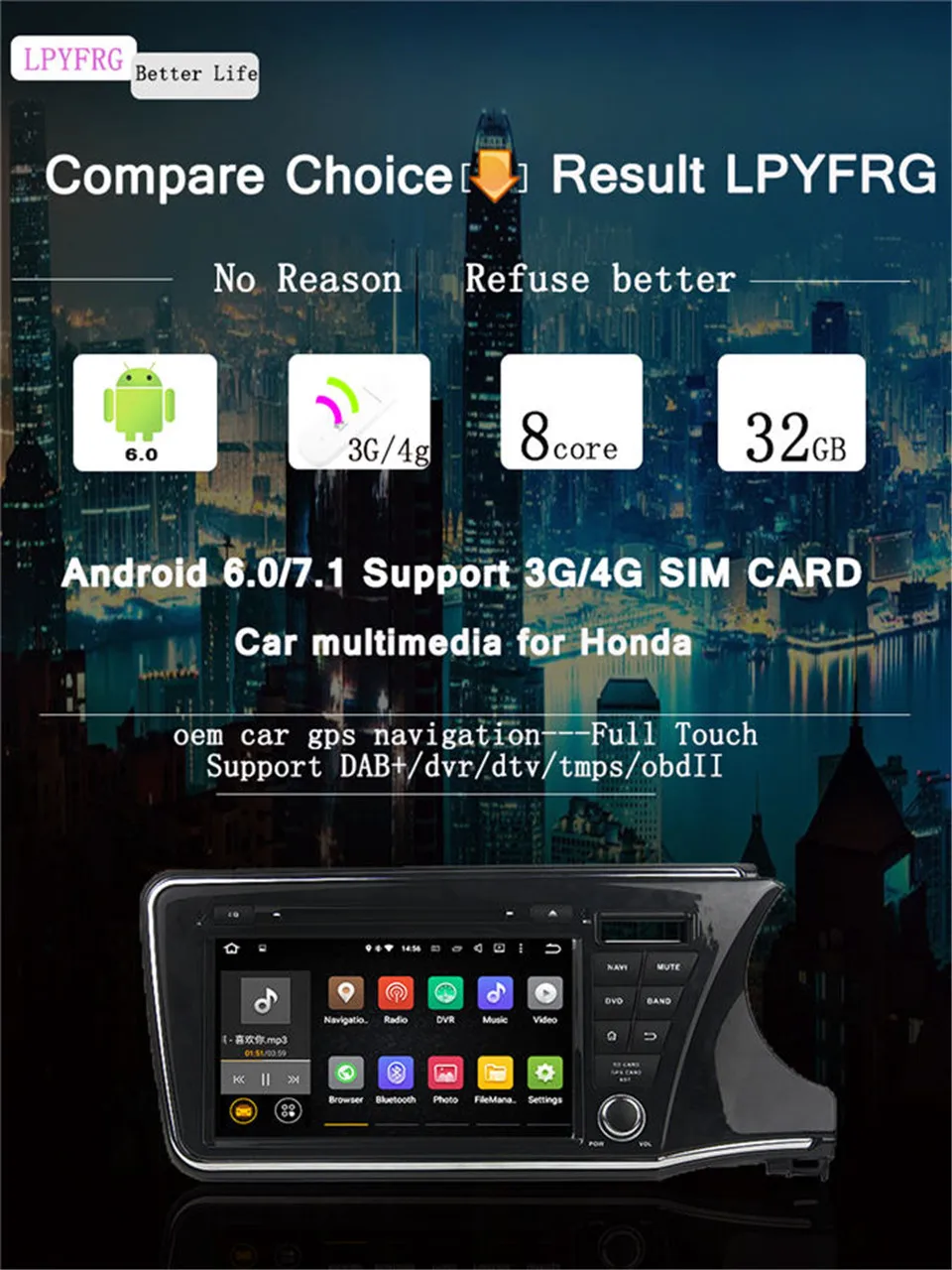 Best 2GB RAM 9 inch 2 din Android 7.1 Car Radio DVD player GPS For Honda City 2014 2015-17 Multimedia Navigation Head Device With DAB 3