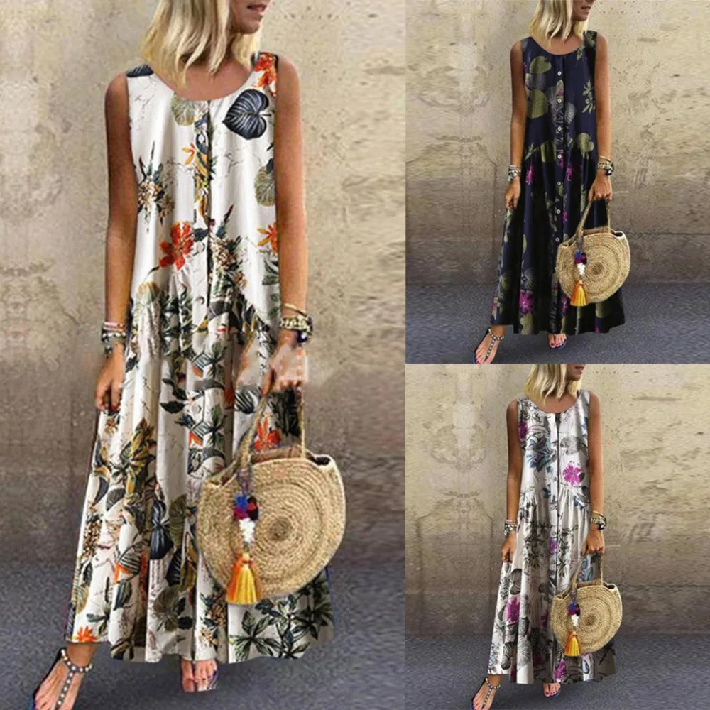 

Summer Bohemian O-Neck Floral Print Vintage Sleeveless Long Maxi Dress Plus Size *