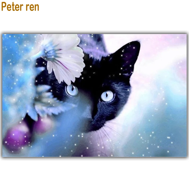 

Peter ren Diamond painting by numbers Beaded embroidery kitten Round\Square drill Mosaic Full embroidery "Flower and black cat