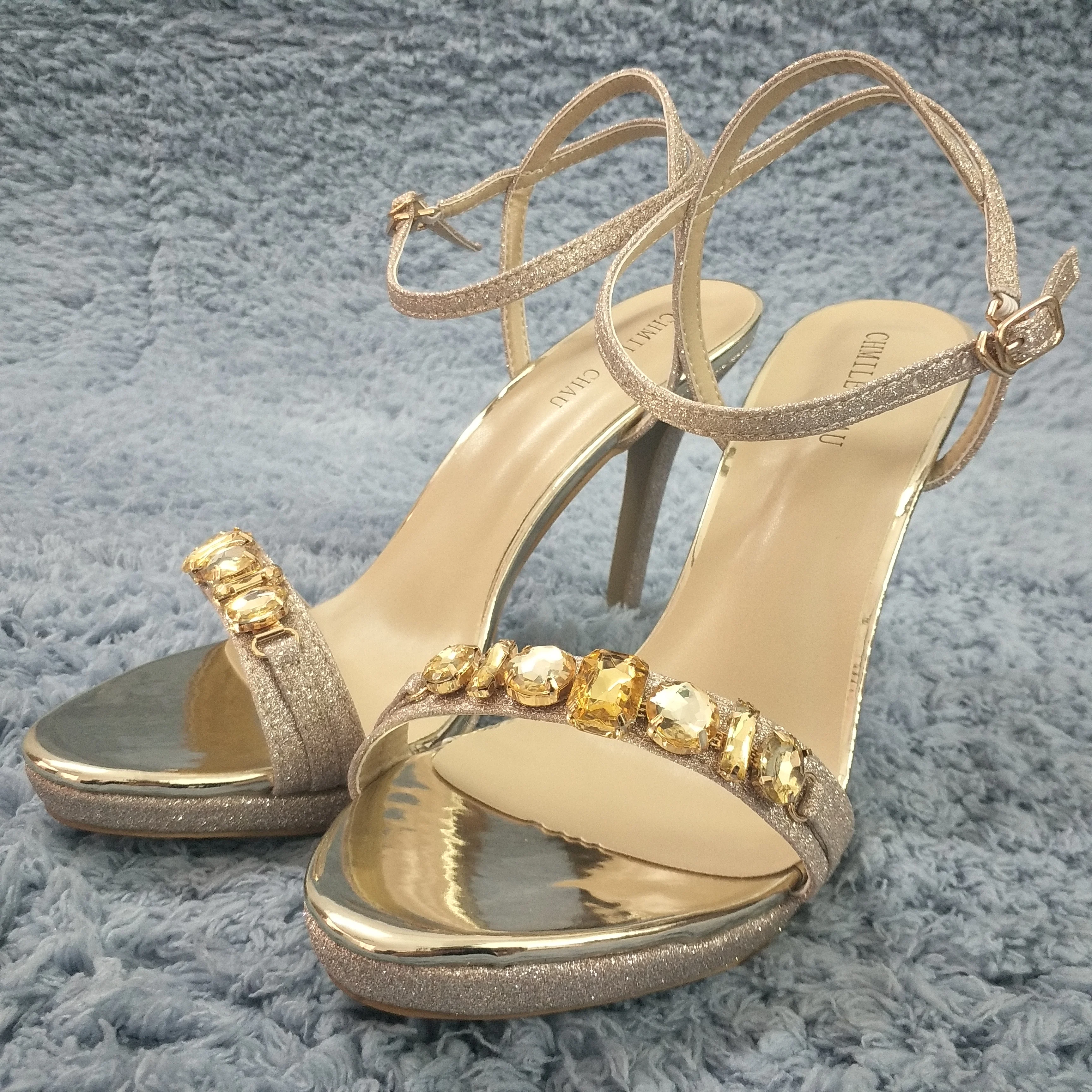

Women Stiletto Thin High Heel Sandals Sexy Ankle Strap Open Toe Gold Glitter Crystal Wedding Party Bridals Lady Shoe 0640ASL-a6