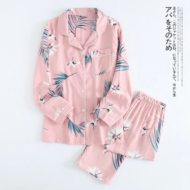 

Women's Leaves Printed 100% Gauze Cotton Ladies Long Sleeve Home Sets Pijamas Set Thin Nightwear Autumn Sleepwear Women Pajamas