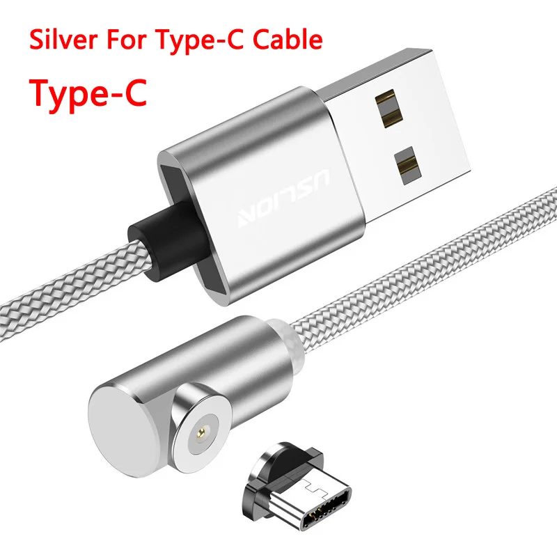 USLION L-Line светодиодный магнитный Кабель 90 градусов для iPhone X XS XR 8 7 6 usb type-C USB C кабель для samsung Micro usb для Xiaomi кабель - Цвет: Type c Silver