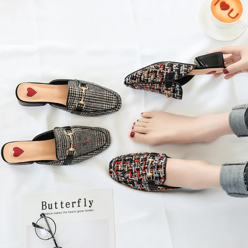 

Big Size 35-44 Brand 2018 Metal Chain Round Toe Flock Slippers Woman Shoes Slip On Loafers Flip Flops mules sabot talons hauts