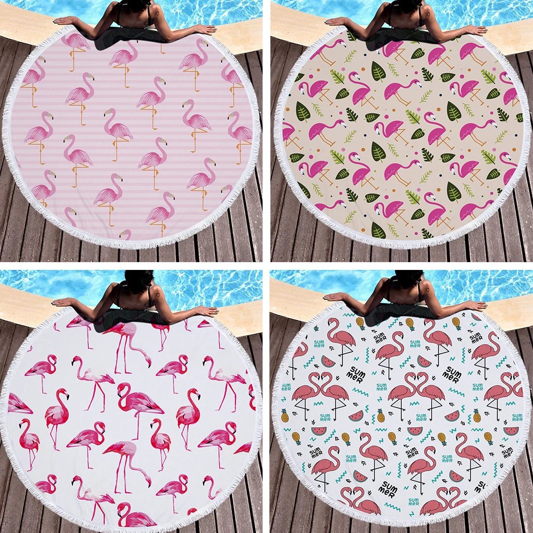 Flamingo 150CM Round Beach Towel With Tassels Microfiber 150cm Picnic Blanket Mat Tapestry