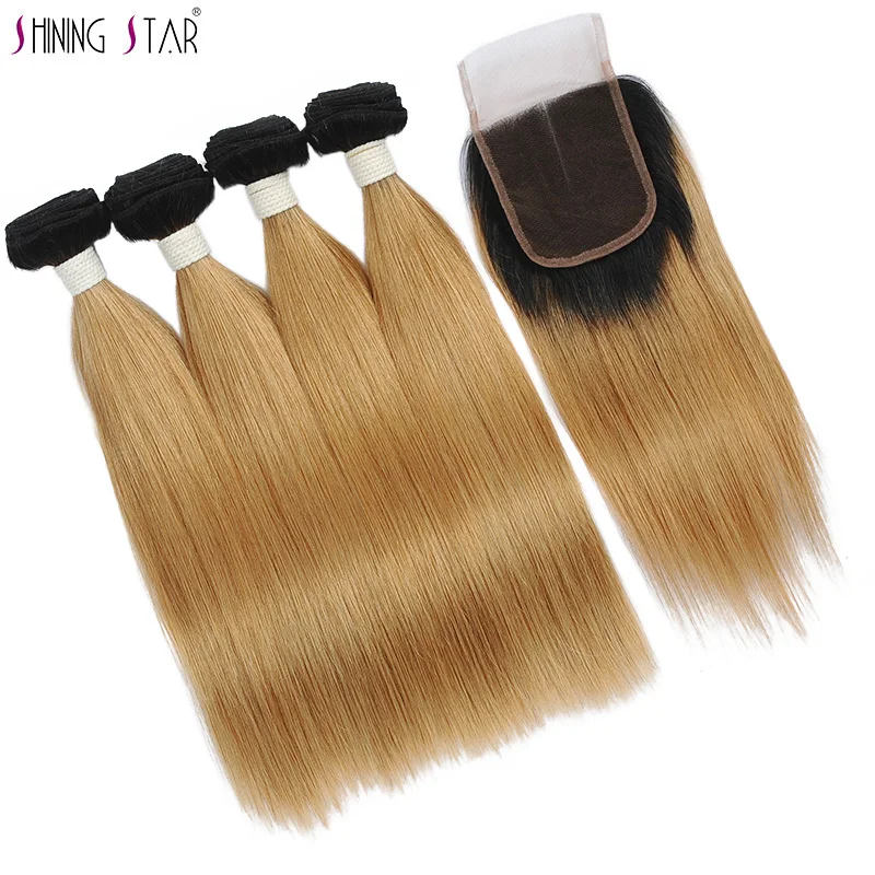 

Ombre Shiningstar Straight Human Hair Weave 4 Honey Blonde Bundles With Closure Colored Malaysian T1B 27 Nonremy Hair Extensions