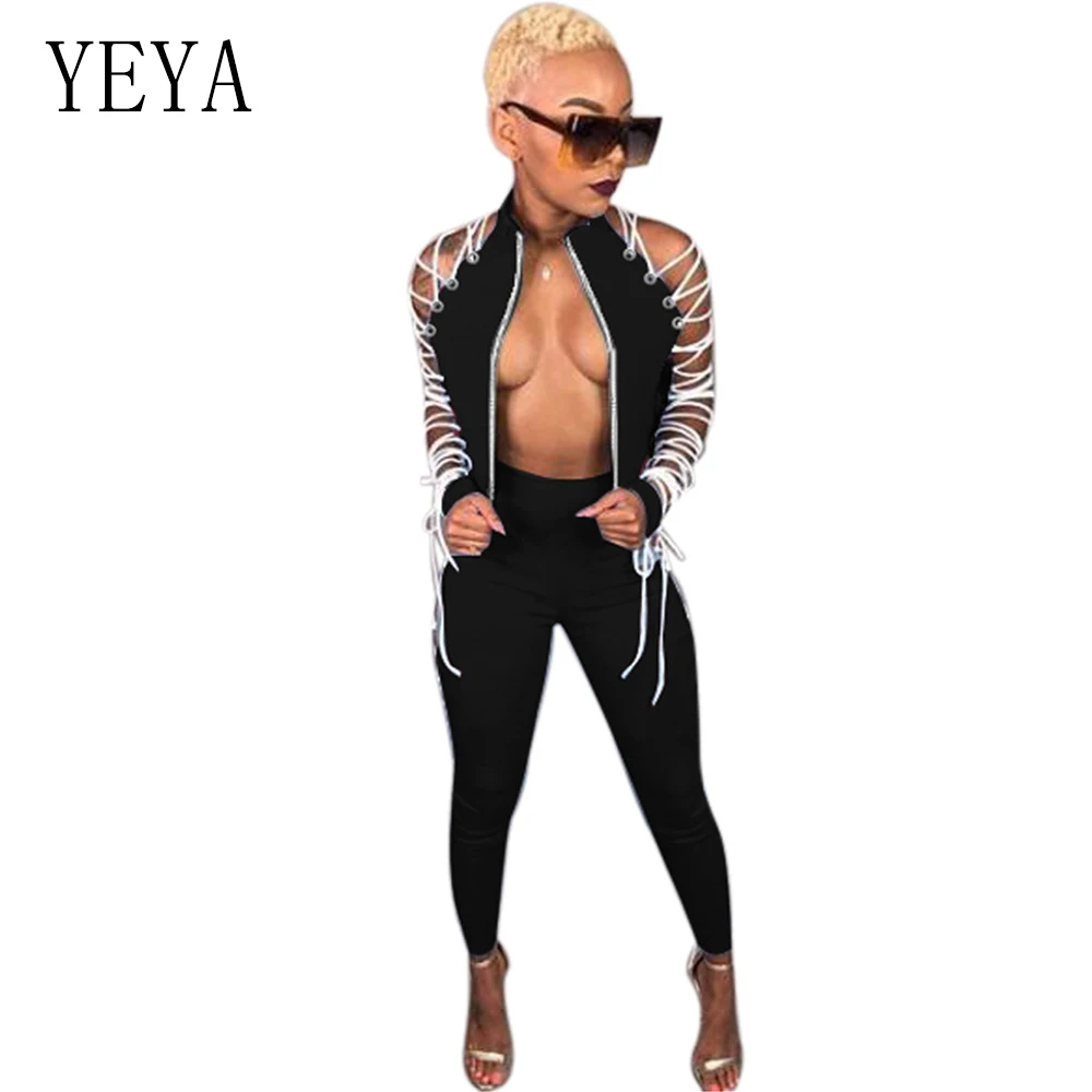 YEYA 2 Piece Set Lace Up Bandage Jumpsuit Stand Neck Zipper Hollow Out Bodycon Romper Sexy Party Club Wear Long Sleeve Overalls