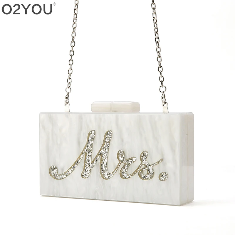 Fashion Acrylic Box Clutches Lady Beach Party Handbag Pearl White With Silver Glitter Or Gold Glitter Name Mrs Letter