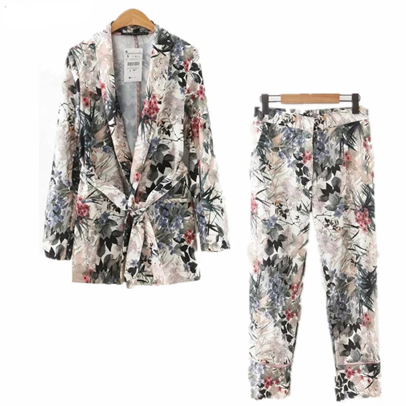 

Women's suits autumn women Long Sleeve Wiped Kimono Blazer new belt printing coat + casual pants suit Twopiece sets