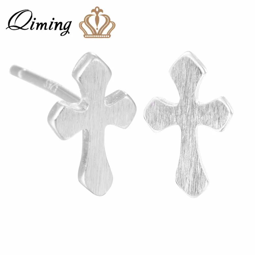 QIMING Jesus Cross Earrings For Women Men Jewelry Tiny Christ Original Religious Jewelry Silver