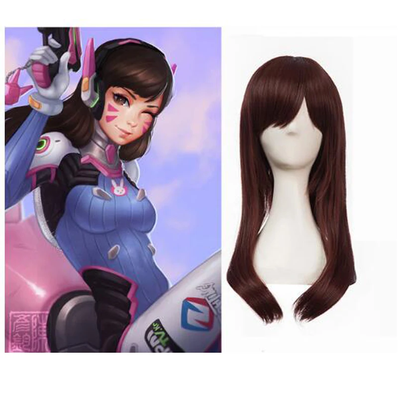 

Game OW DVA D.va Copslay Costume Brown Hana song Wig Peruca DVA Cosplay Long Women 65cm Synthetic Wigs + Wig Cap