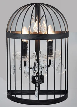 

American Country Style Loft Bedroom Restaurant Wrought Iron Birdcage Crystal Wall Lamp Sconce E14 110-240V