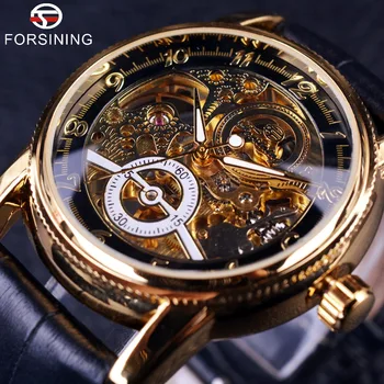 

Forsining 2017 Hollow Engraving Skeleton Casual Designer Black Golden Case Gear Bezel Automatic Watches Men Luxury Brand Watches