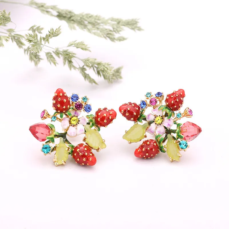

Warmhome Trendy Jewelry Enamel Glaze Copper Red Strawberry Flower Fruit Gems For Women Earrings