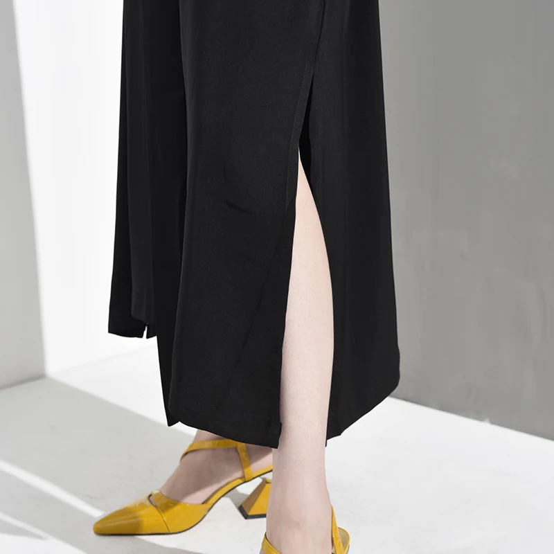 [EAM] Новое весенне-Летнее Длинное Черное женское платье с v-образным вырезом и рукавом три четверти, свободный пояс, большой размер JT0630