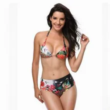 ФОТО bikini set 2018 plus size high waist push up halter print beach swimsuit  quick dry tight high elastic bathing suits 