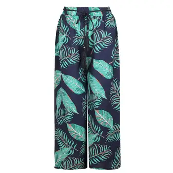 

2018 Causal Women Autumn Flower Print Wide Leg Pants Elastic Waist Bohemian Trousers Beach Vacation Leaf Flower Trousers