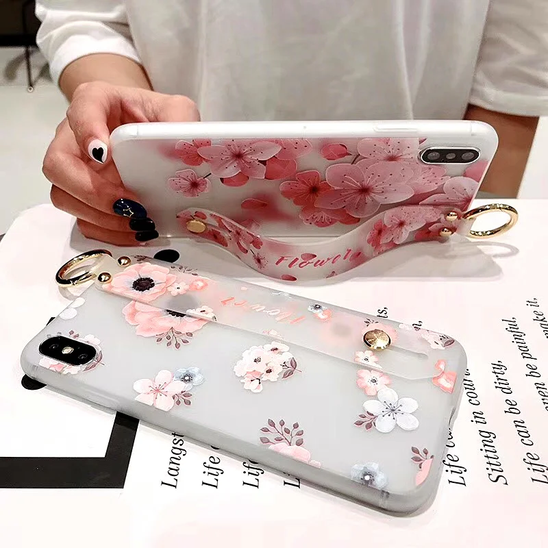 PINK LIPS Flower Case For iPhone X XR XS Max 3D Relief Floral For iPhone X 8 7 6 6S Plus 5 5s SE With Wristband Soft Phone cover  (2)
