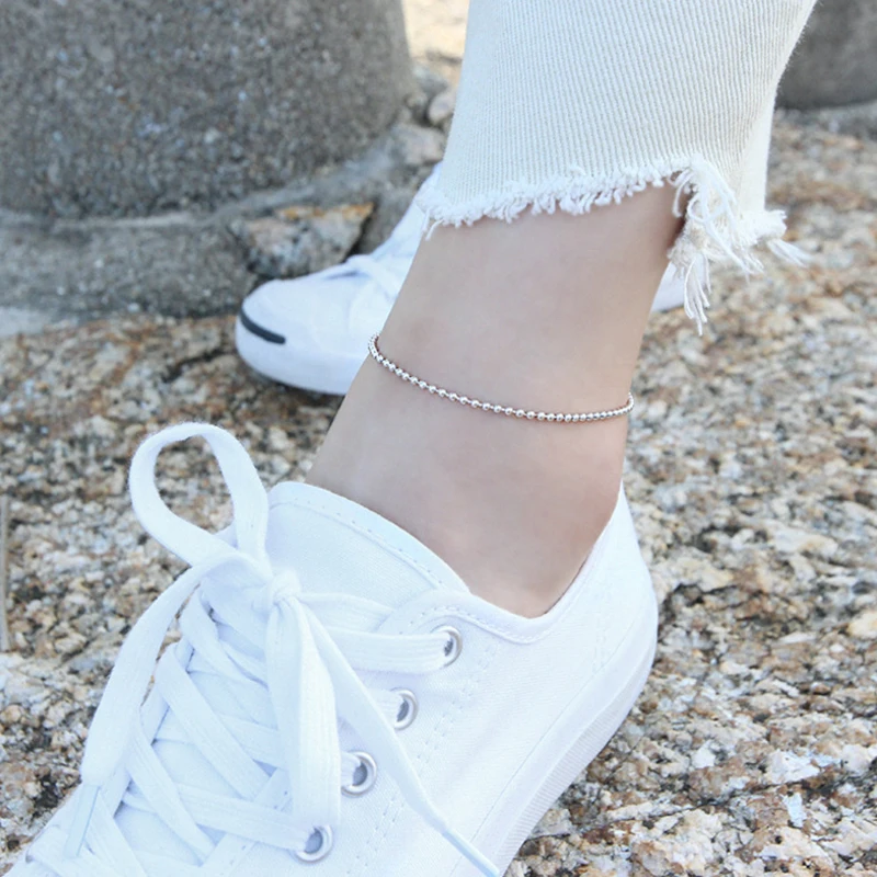 Модные простые 2 мм ножные браслеты из бисера для женщин 925 Серебряный ножной браслет украшение на ногу браслет серебро tobillera plata