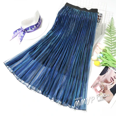 Градиентная цветная летняя юбка из тюля, Женская плиссированная длинная юбка с высокой талией, Женская трапециевидная юбка-пачка, школьная юбка, солнце - Цвет: blue
