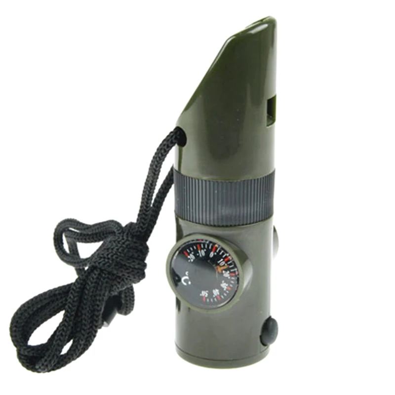

7in1 Camping Survival Whistle Compass Thermometer Magnifier LED Flashlight Fire