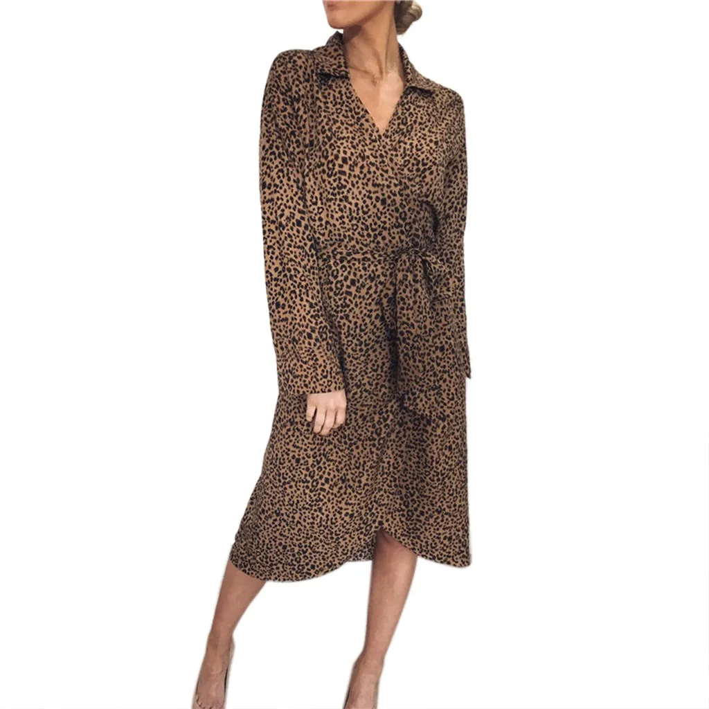 

Feitong Leopard Print Chiffon Dress Womens V Neck Bandage Long Sleeve Casual Dresses Feminino Tiger Pattern Print Beach Dress