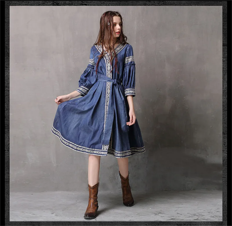 Vintage  V-Neck Summer Sashes Dress 2018 Embroidery New Denim Vestidos A-line Half Sleeve Belted Women Dresses Vestido Female (8)