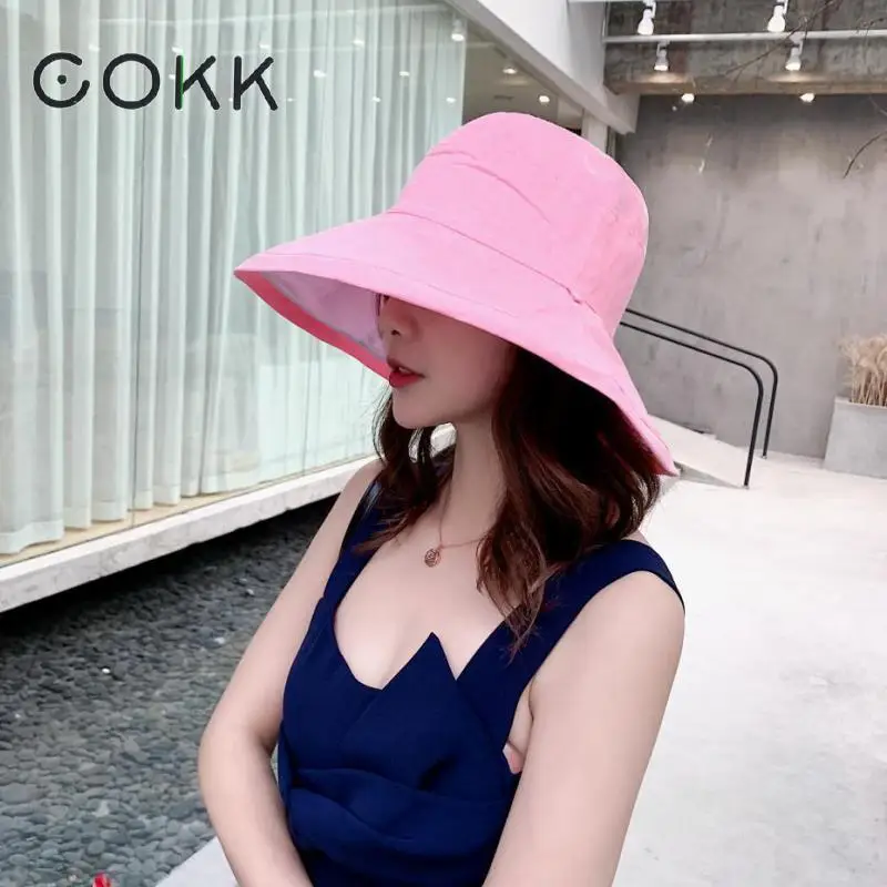 COKK, женская летняя хлопковая шляпа от солнца, шапка Chapeu Feminino, Панама, женская шляпа с большими полями, модная пляжная шляпа от солнца, складная, новинка