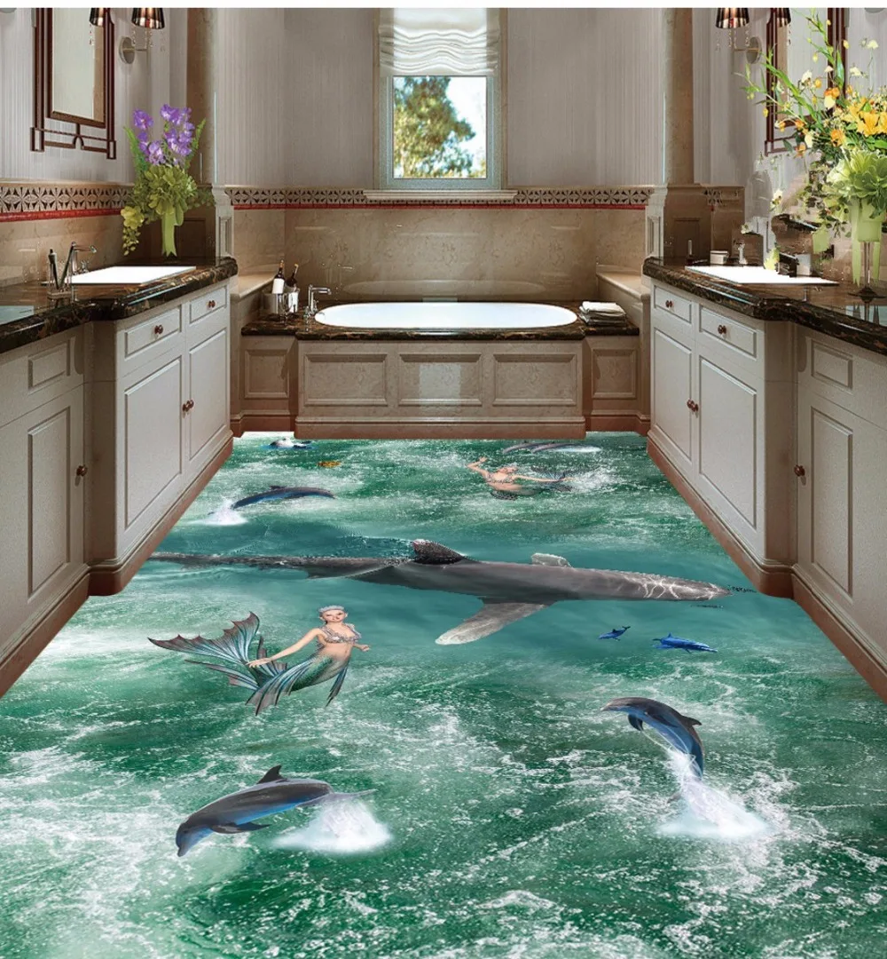 Suelo de vinilo para baño, conchas de playa, baño de playa, arte 3D,  pintura de suelo a suelo, papel pintado de suelo de lujo