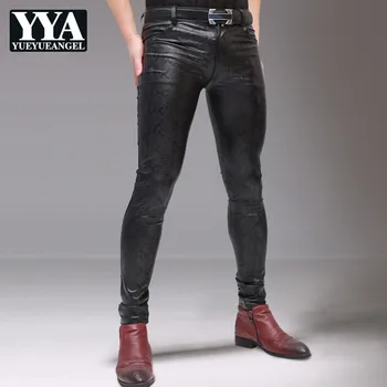 

Mens Snake Printed Elastic Skinny Pants Pu Leather Long Stretchy Trousers Man Motorcycle Pants Thin Slim Fit Punk Pantalon Homme