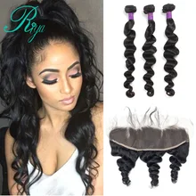 Brazilian Loose Wave 3 Bundles With Frontal Closure Remy Human Hair Weave Pre Plucked Lace Frontal Closure With Bundles Riya Hai