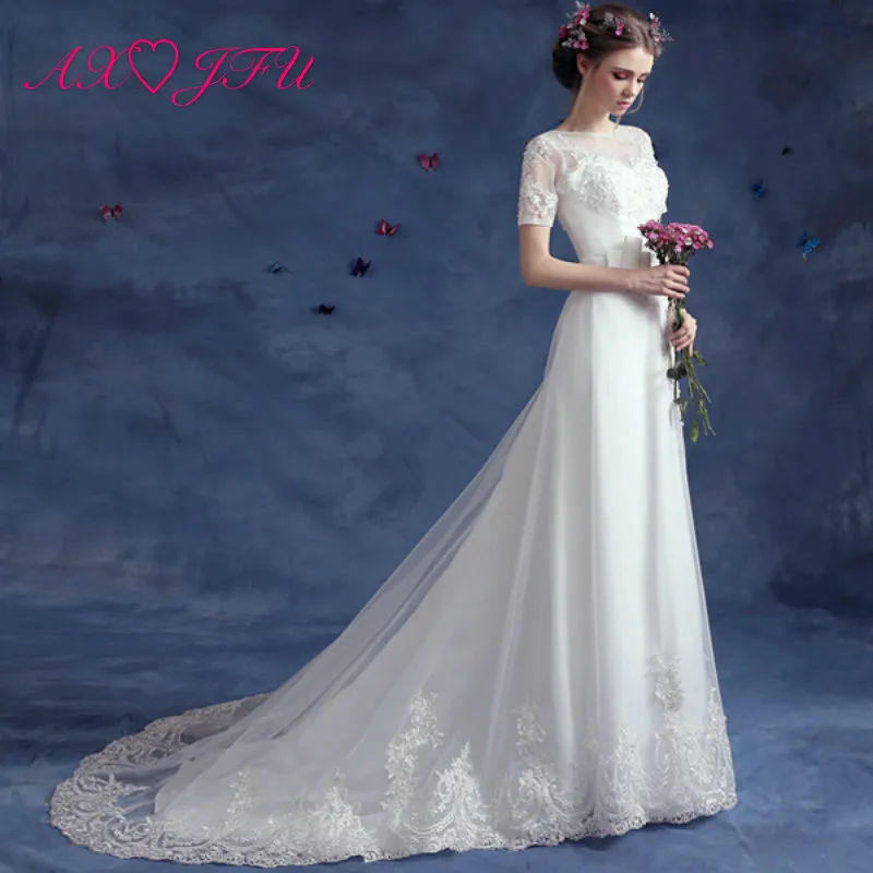 

AXJFU The new word in Korean lace wedding dress bride lace halter white wedding dress 583 trailing Perspective S