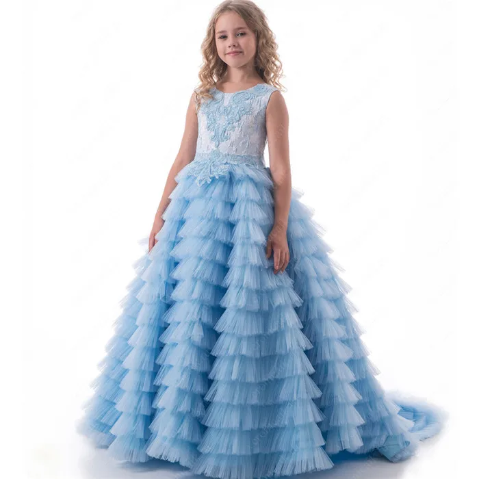2017 New Blue For Girls Pageant Dress Flower Girl Dress O-neck Sleeveless Ball Gown Appliques First Communion Gown Vestidos 2017 New Blue For Girls Pageant Dress Flower Girl Dress O-neck Sleeveless Ball Gown Appliques First Communion Gown Vestidos