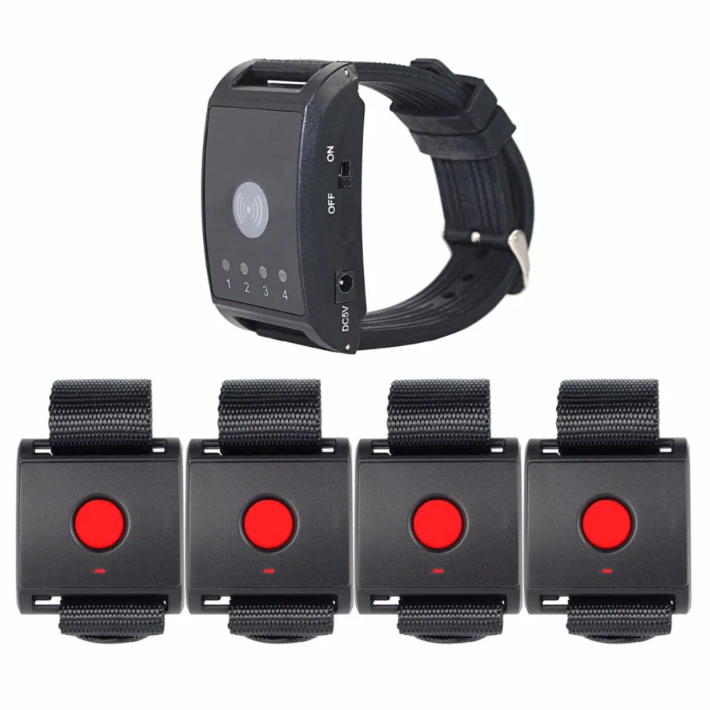 

1 Receiver + 4 Call Button Wireless Watch Pager Calling System Paging System For Patient The Elderly Emergency F4403A