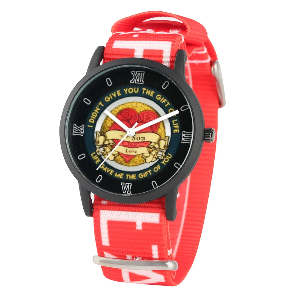 Children's Watch To My Son Logo Quartz Watch Red Heart Pattern Dial Watch Nylon Strap Wristwatch For Boys Relogio Children's Children's Watch To My Son Logo Quartz Watch Red Heart Pattern Dial Watch Nylon Strap Wristwatch For Boys Relogio Children's