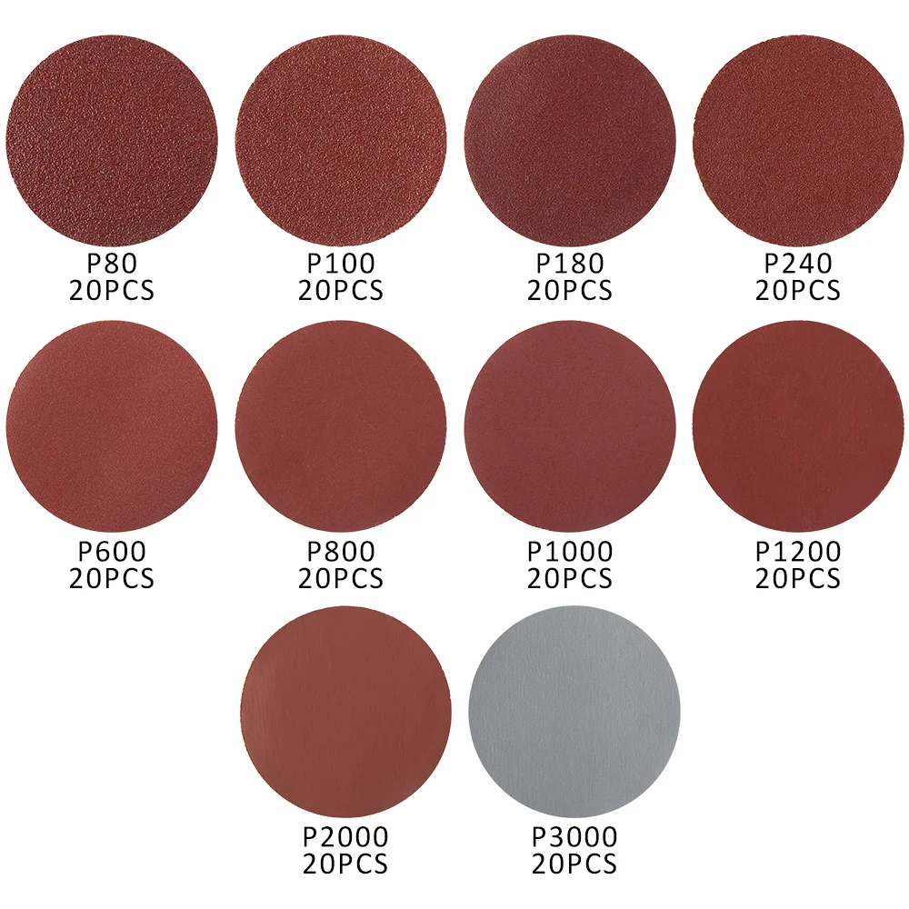 200pcs 80/180/240/800/1000/2000 Grits Sanding Disc Set + Hook Backed Panel Metal Shank for Polishing Cleaning Tools