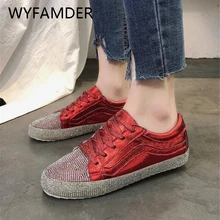 WYFAMDER/; женские кроссовки; сезон весна-осень; блестящие стразы; повседневная обувь на плоской подошве; обувь на шнуровке; цвет красный, серебристый; размер 40; WN6