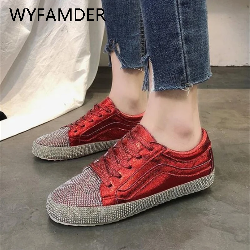 

WYFAMDER 2019 Women Sneakers Spring Autumn Shiny Rhinestone Casual Shoes Flats Lace Up Red/Silver Shoes Size 40 WN6