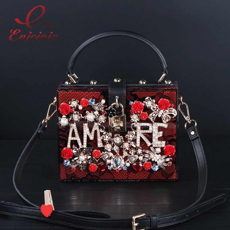 

Luxury fashion design diamond flowers hollow acrylic pearl lace ladies mini shoulder bag handbag totes messenger bag purse party