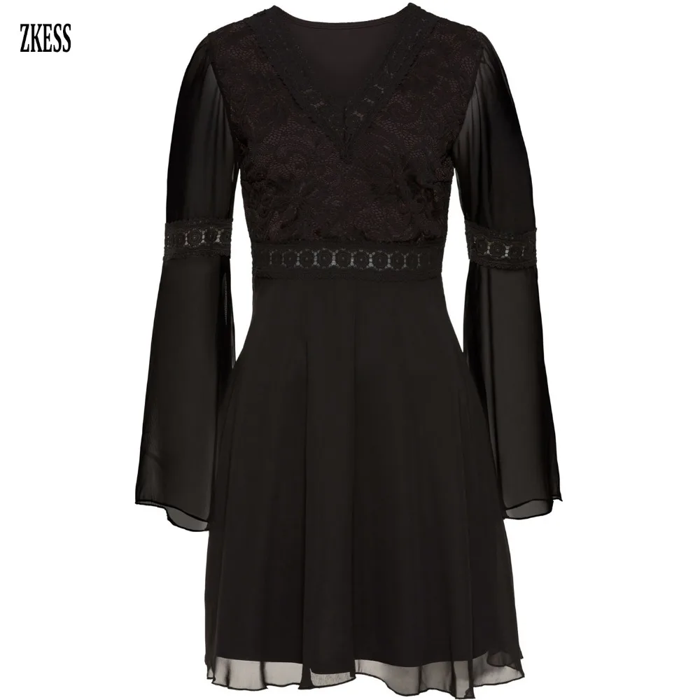 Black-Lace-Chiffon-Patchwork-Bell-Sleeve-Dress-LC220463-2-3
