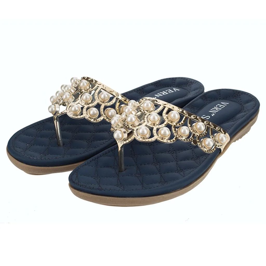 Модные жемчужные удобные шлепанцы Летняя мода Для женщин Дамы Bohemia Bling кристалл плоский флип-флоп повседневные пляжные ботинки