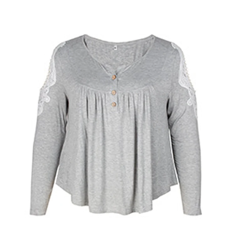 Big Size  Blouse Women Shirts Lace Holow Out Long Sleeve Women Tops Plus Size Solid Shirts Button Blusas Oversized Female A074