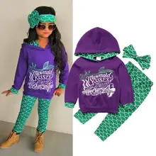 Комплект для девочек младшего возраста: свитер с капюшоном теплые брючки и налобная повязка с Русалочкой комплект из 3 предметов