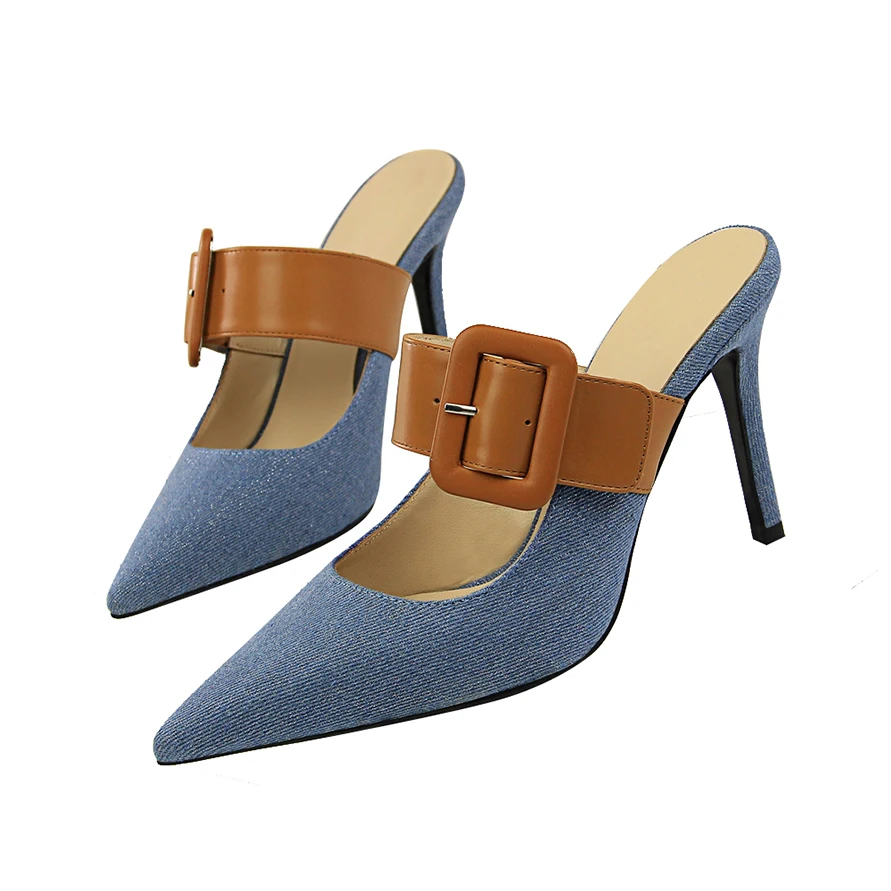 Женские синие джинсовые шлепанцы на высоком каблуке 9,5 см; пикантные летние шлепанцы на застежке; женские сандалии без застежки; обувь с острым носком