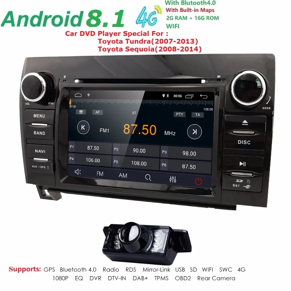 Perfect 7 Inch 2 Din HD 1024x600 Quad Core Android 8.1 Car DVD GPS For Toyota Tundra Sequoia 2008-2013 Stereo Radio 4G WiFi OBD DVR DAB+ 1