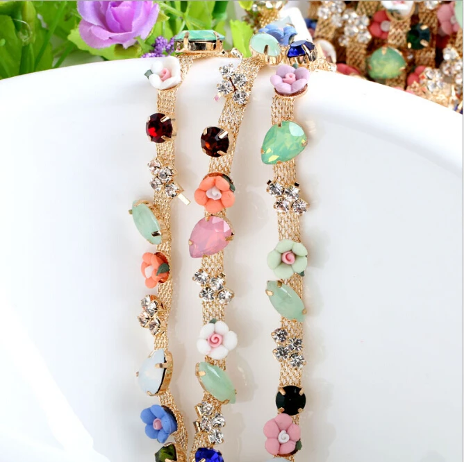 

2Yds Mix color Crystal Sewing Glass Rhinestone Cup Chain Trim Metal Claw Flower Rhinestone Trimming for DIY Garment Dress